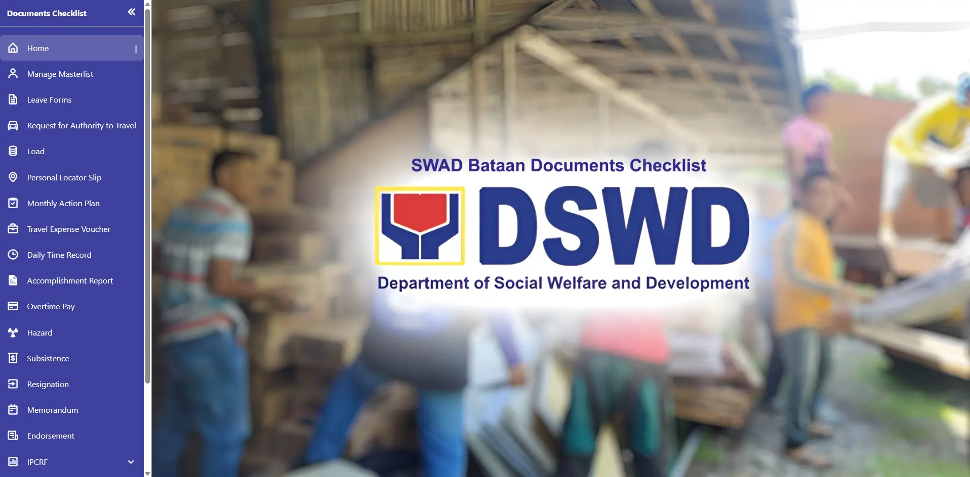 SWAD Bataan Document Checklists System - Landing Page